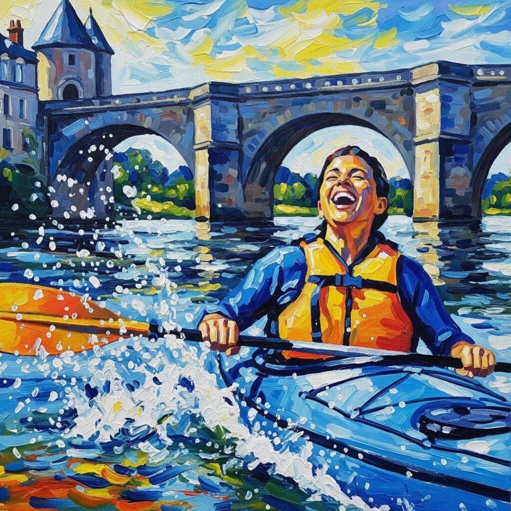 Man laughing in kayak with medieval bridge in a vivid style.