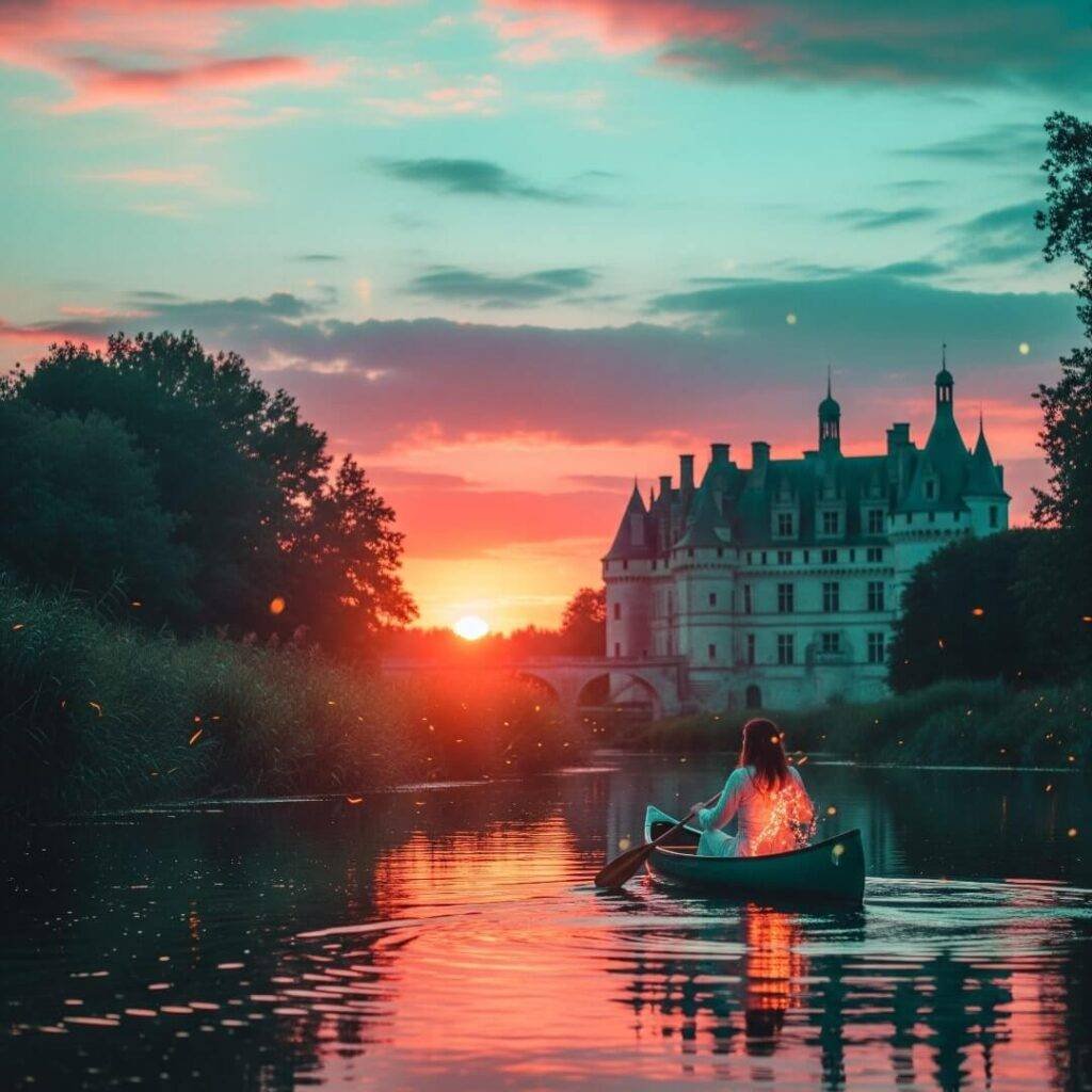 A paddler on a dreamy river near a château with firefly sparkles.