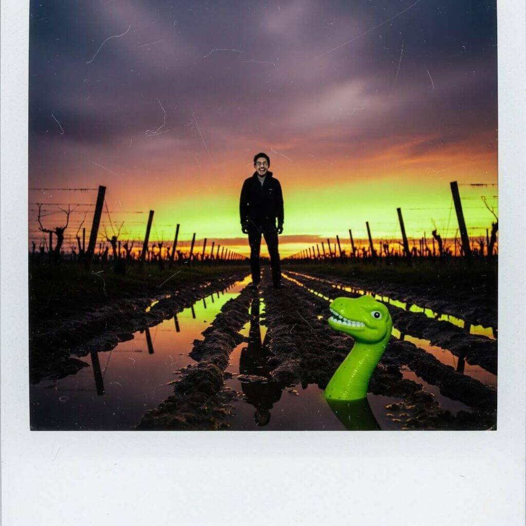 A person stands on a muddy vineyard path.