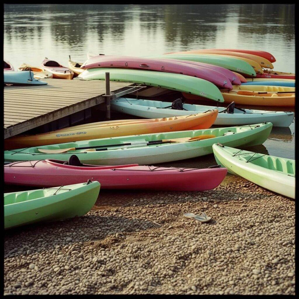 A vintage photo of colorful kayaks stacked at a disorganized rental dock.