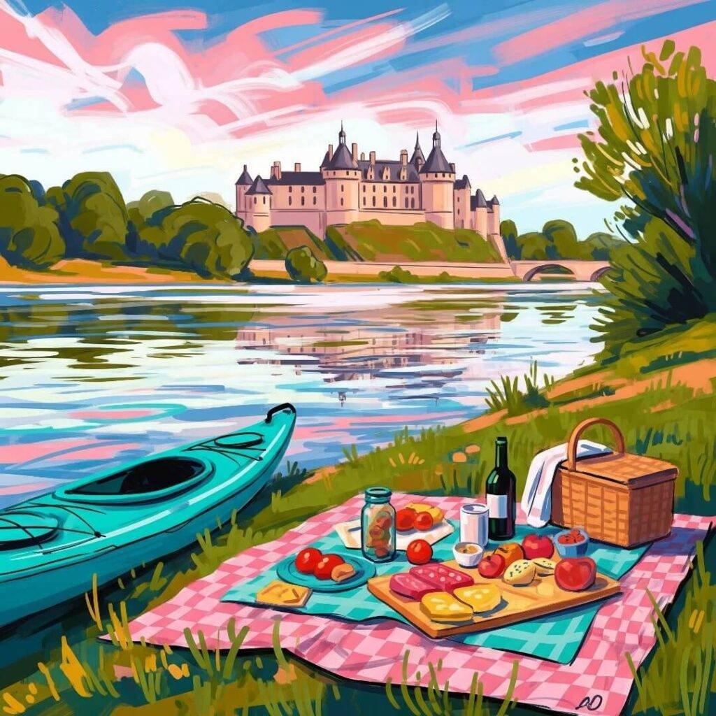 An impressionistic painting of a Loire riverbank picnic with a kayak and château.