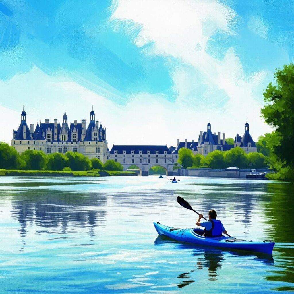 Kayaker on a wide river with large chateaux in the background.