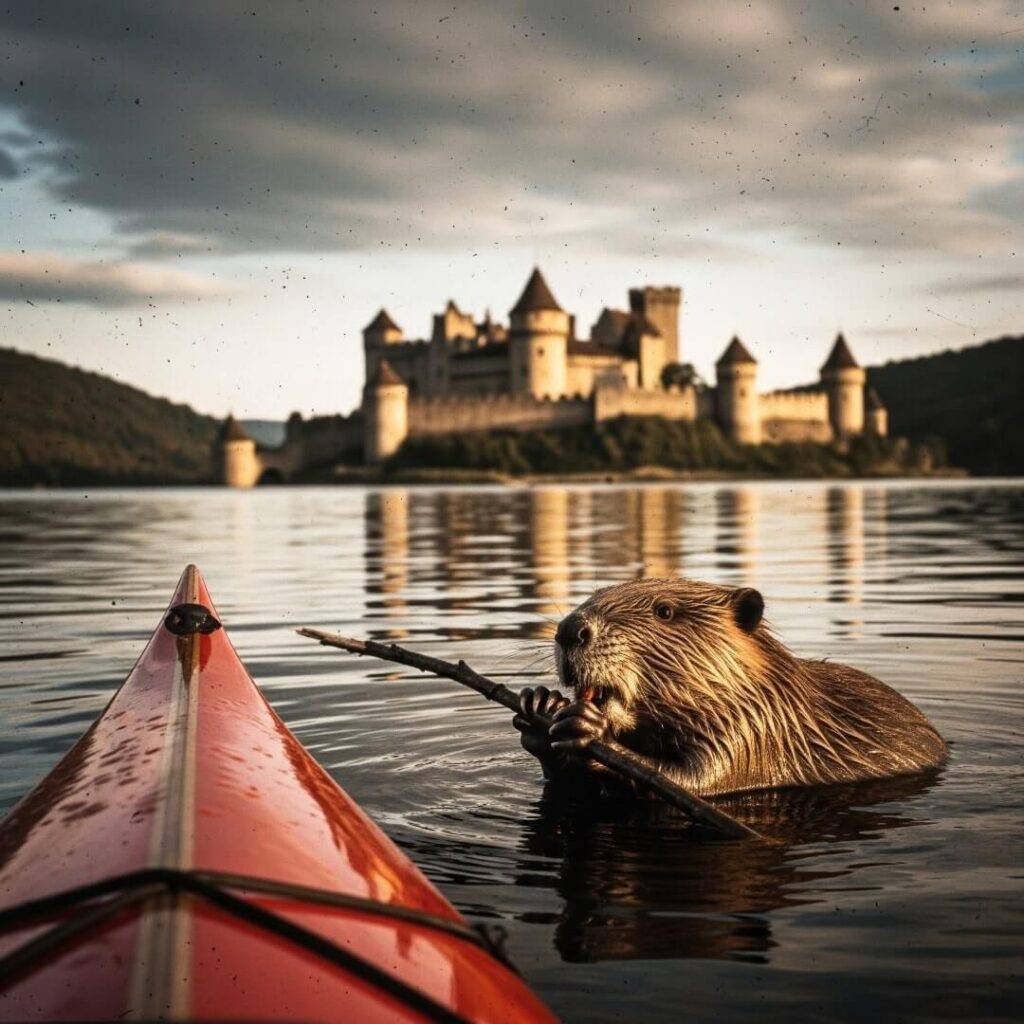 Retro-style photograph of a beaver eating a stick near a kayak with a castle in the background.