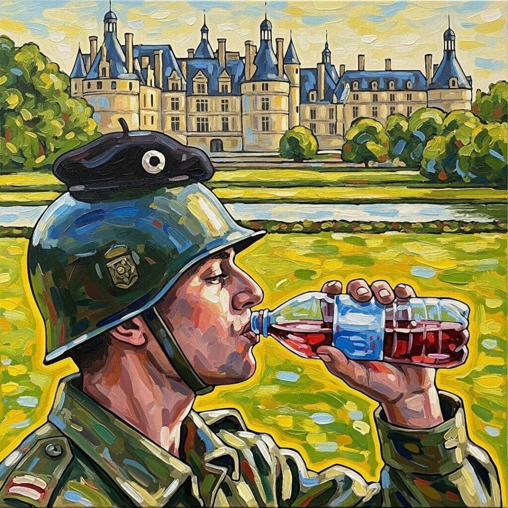 Impressionistic painting: person with a beret-adorned helmet sipping wine from a water bottle.