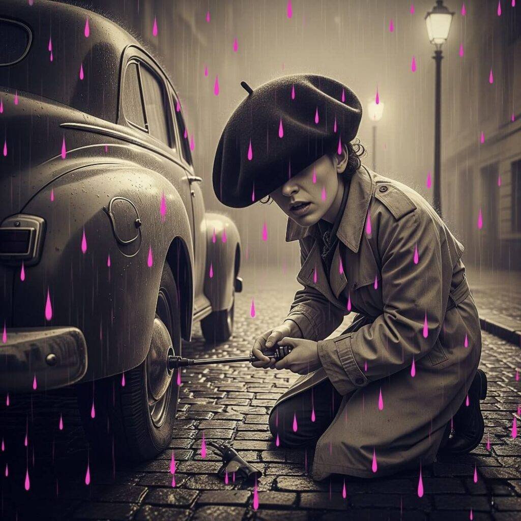 A person wearing a large beret fixes a tire in the pink rain.