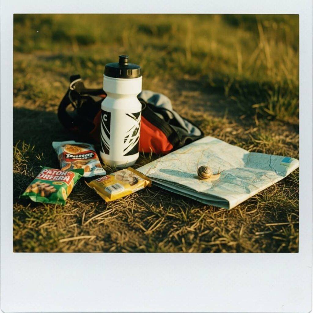 A vintage photo of a water bottle, snacks, a map, and a snail.