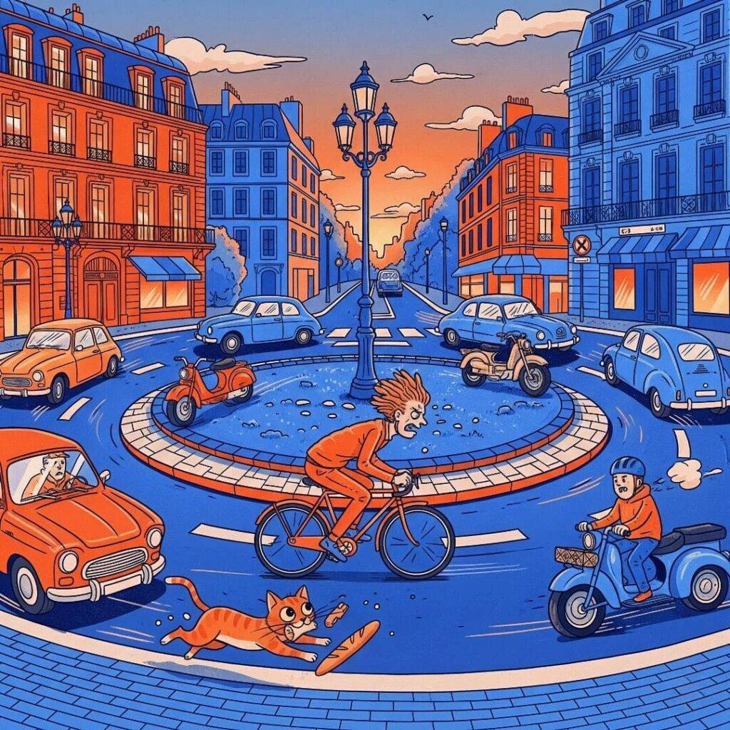 A cyclist dodges cars in a French roundabout with a cat.