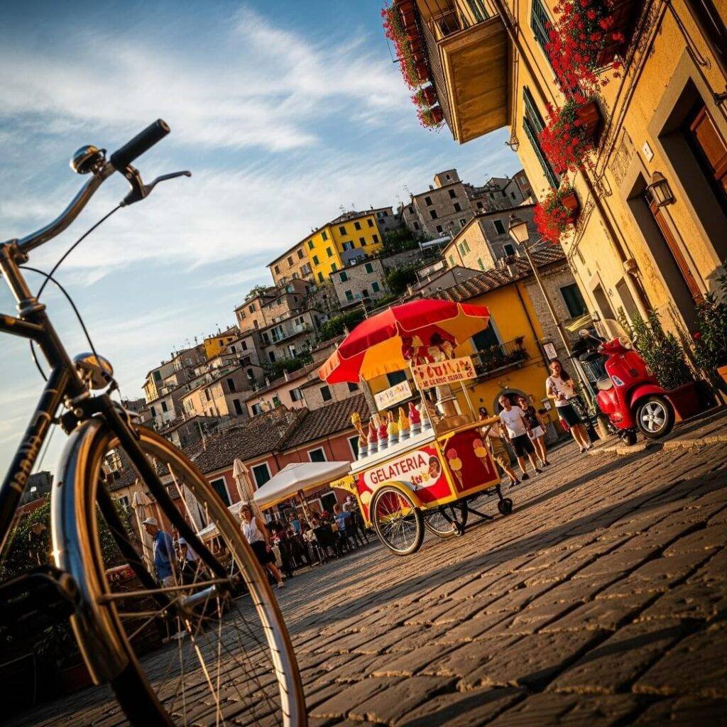 Wonky-angled shot of an Italian village with a gelato cart.