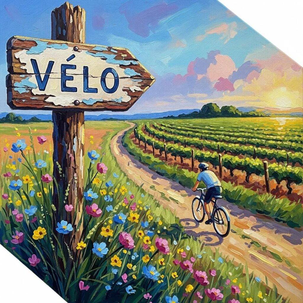 An impressionistic painting of a cyclist on a trail near a vineyard.