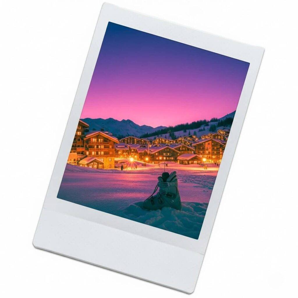 A tilted Polaroid photo shows a village at dusk, a ski boot in the snow.