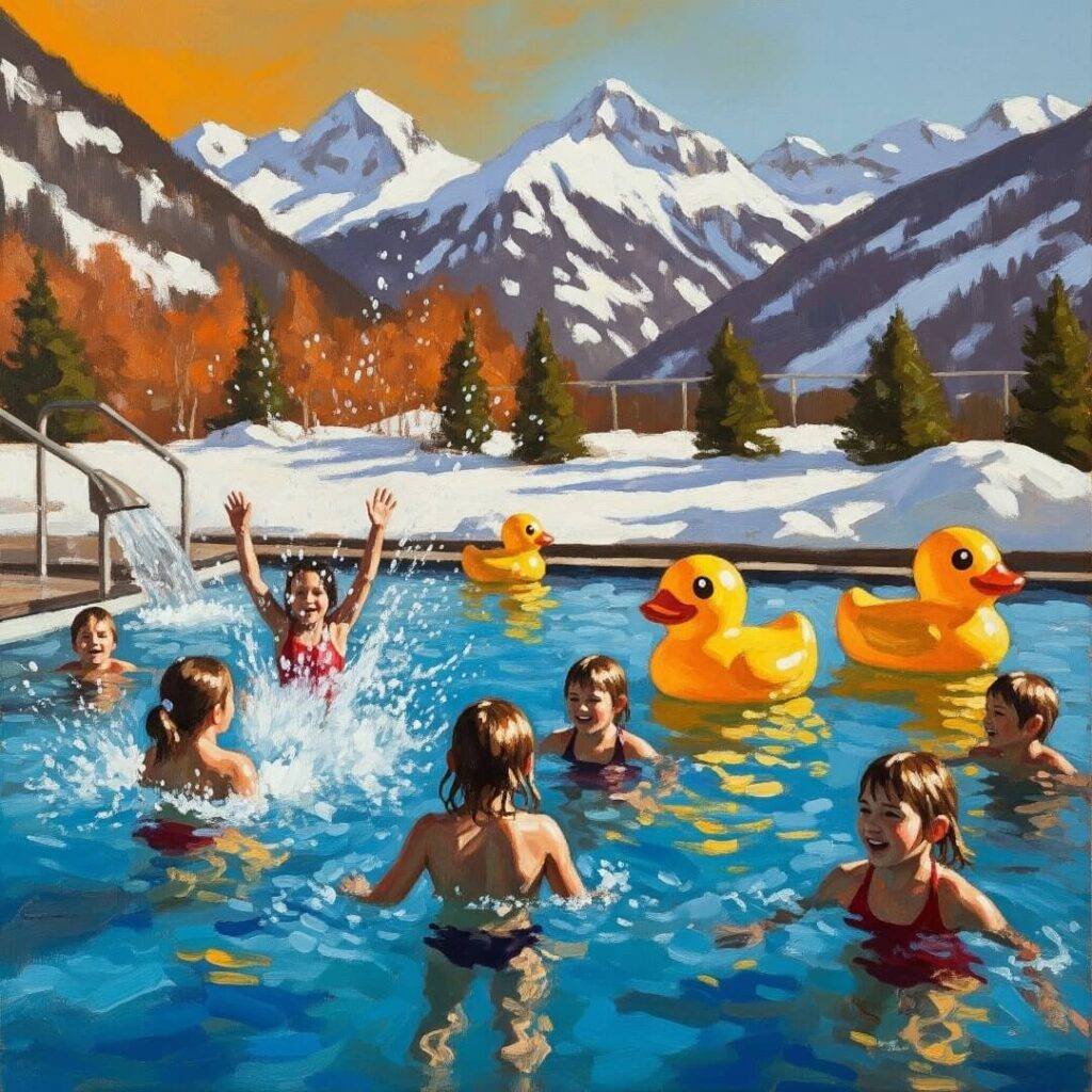 An impressionistic painting of kids swimming in an outdoor pool.