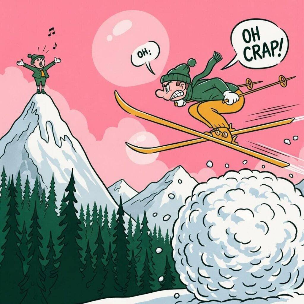 A cartoon of a skier dodging a giant snowball.