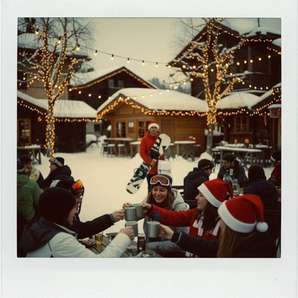 A Polaroid of an après-ski village with a quirky snowboarder in a Santa hat.