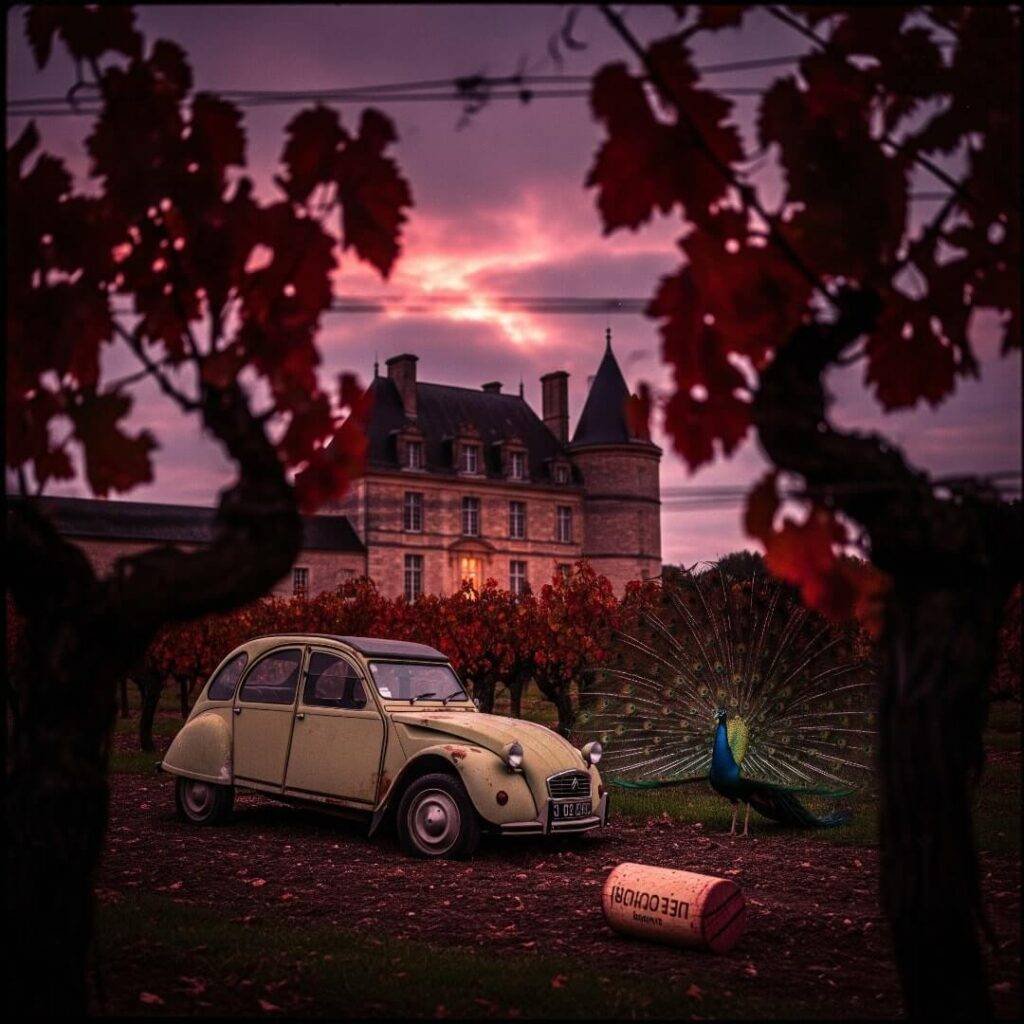 A vintage car, chateau, and peacock in vineyard.