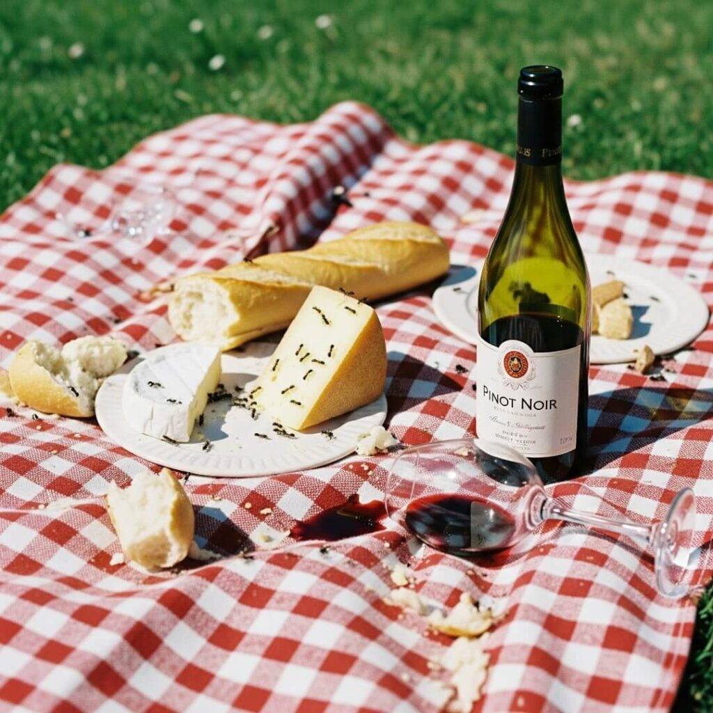 A picnic blanket with wine, cheese, and ants.
