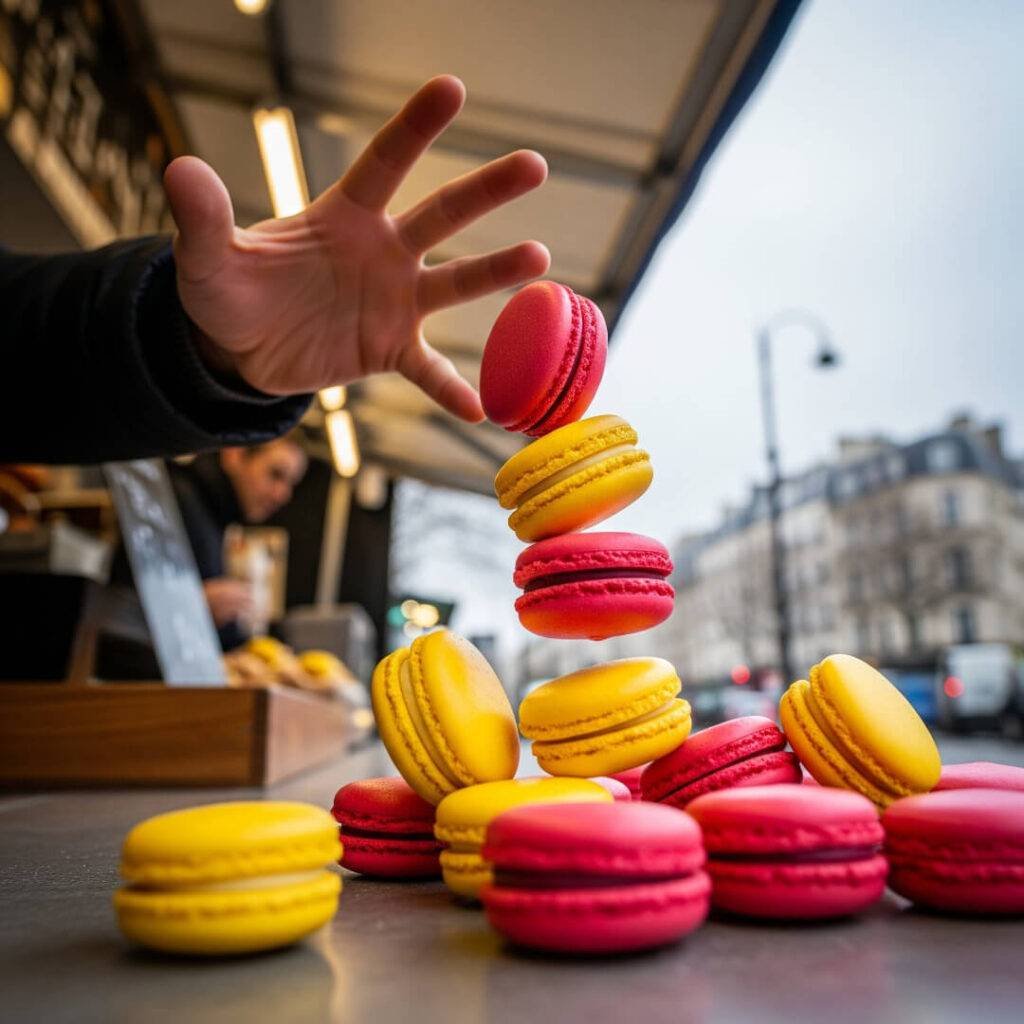 A hand attempts to catch falling macarons.