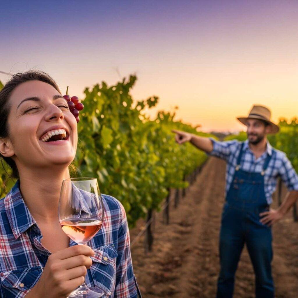 A person laughing while holding a wine glass.