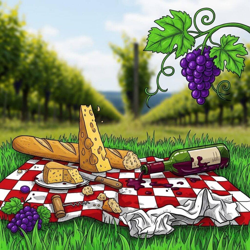 Messy picnic blanket with baguette, cheese, and spilled wine.