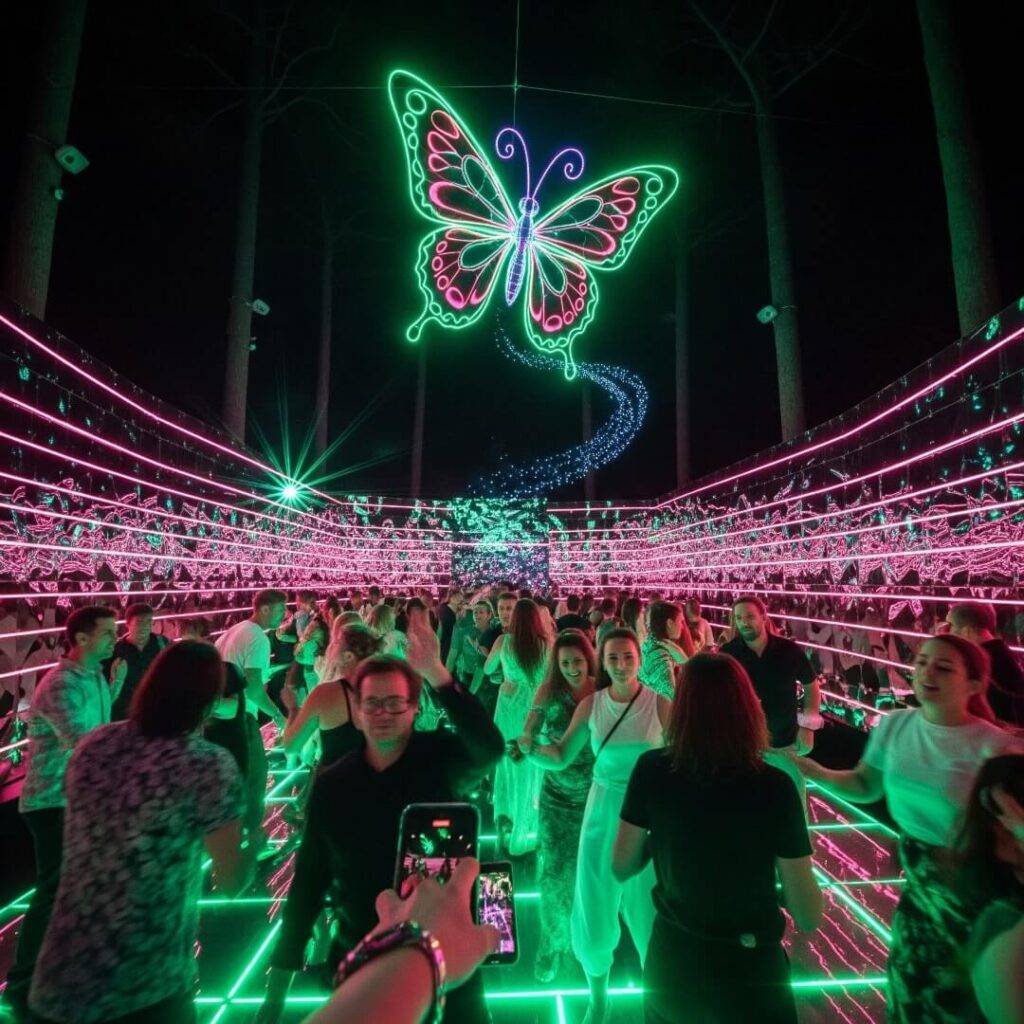 Forest rave with disco mirrors and a glowing butterfly.