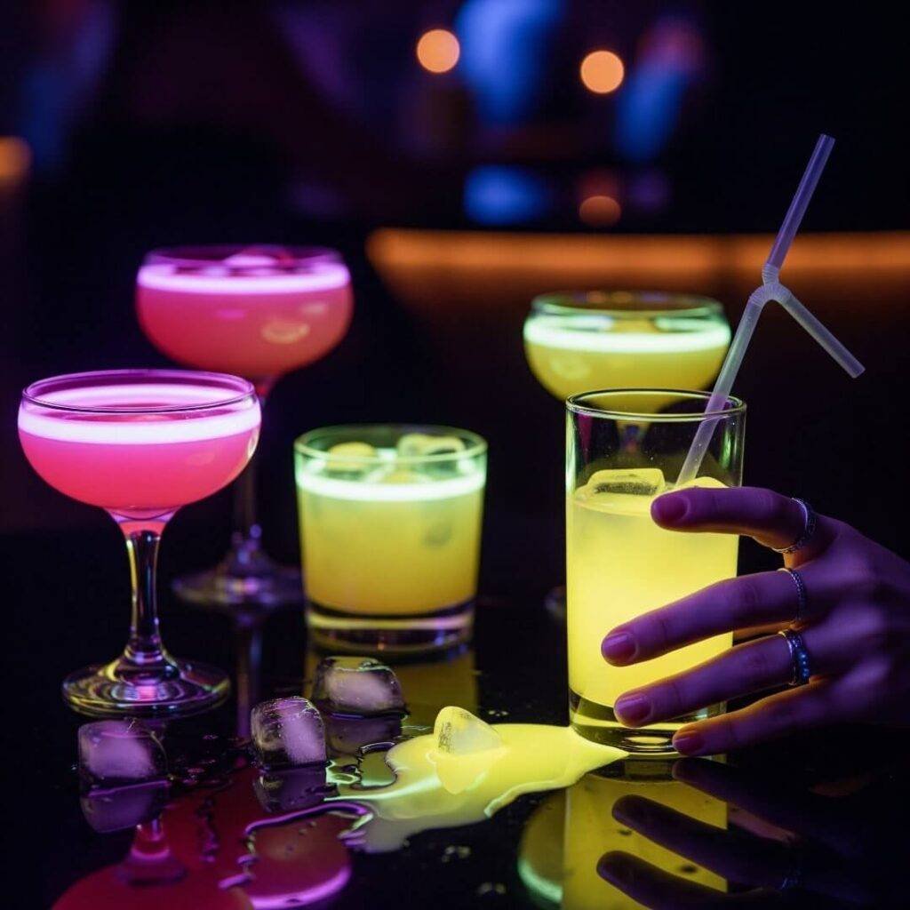 Lit cocktails on table with a spilled drink.
