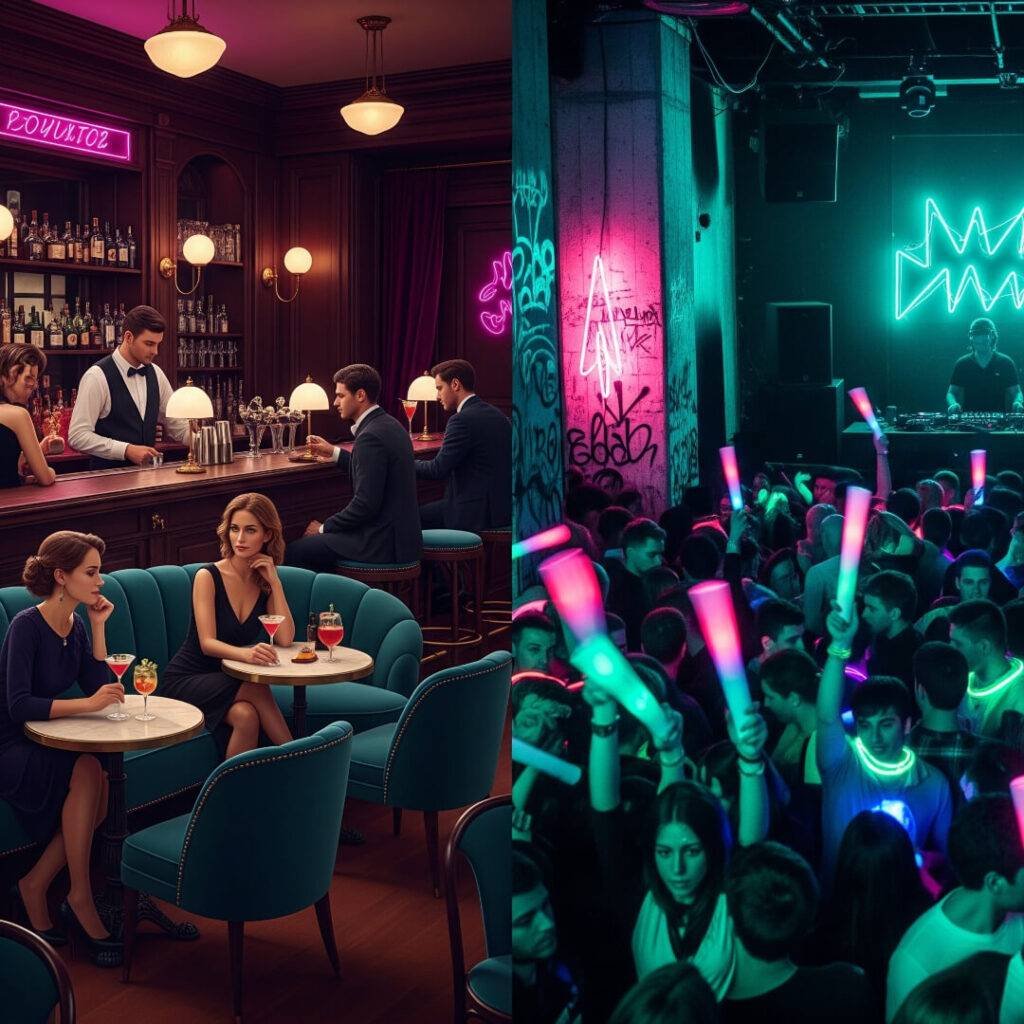 Paris bar on left, Berlin rave on right.