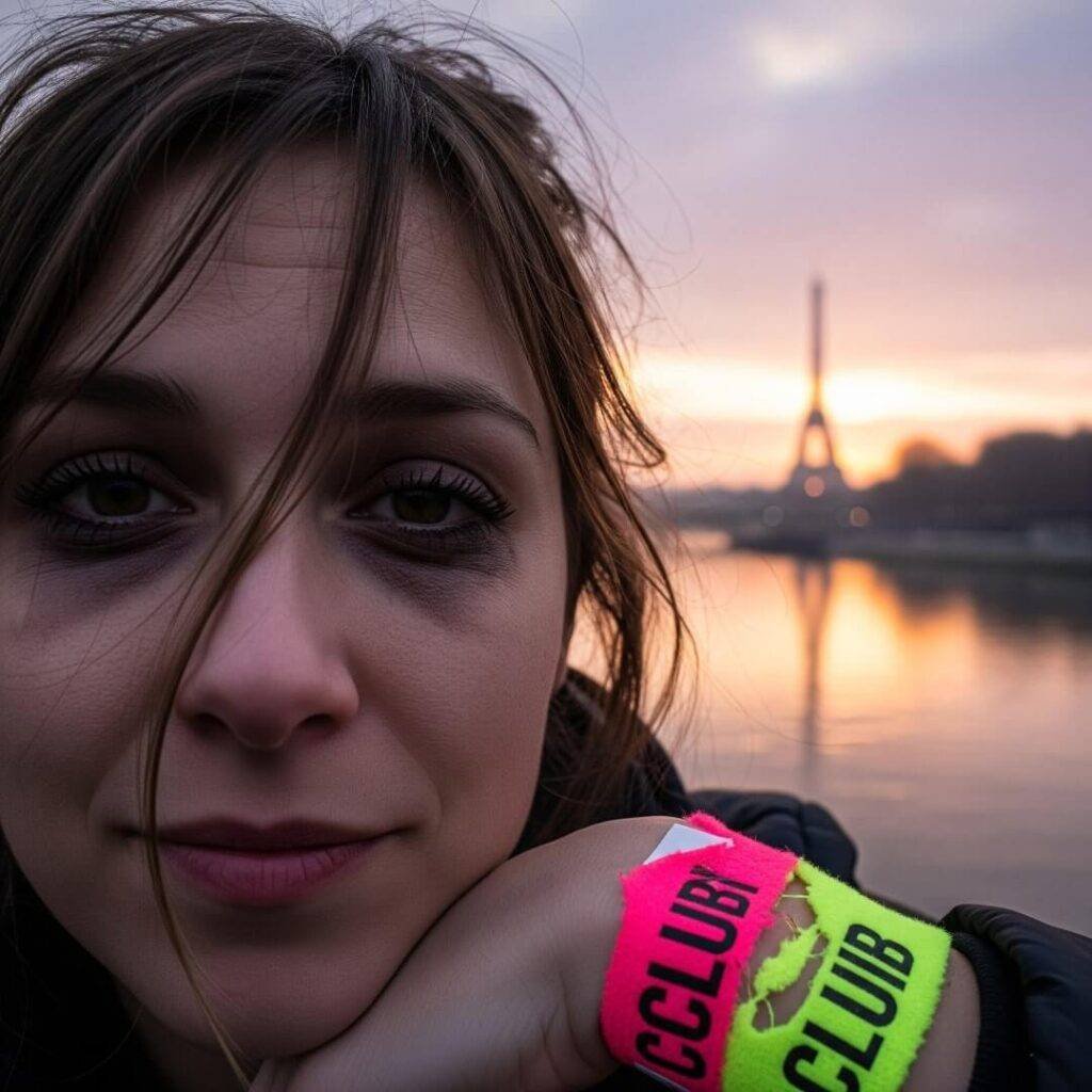 A post-club selfie by the Seine with smudged mascara and torn wristband.