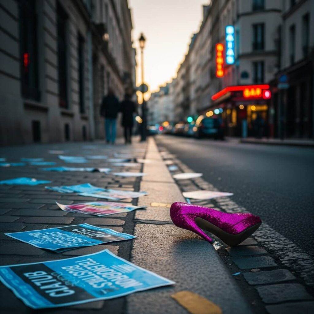 A street scene with scattered flyers and a lone high heel.