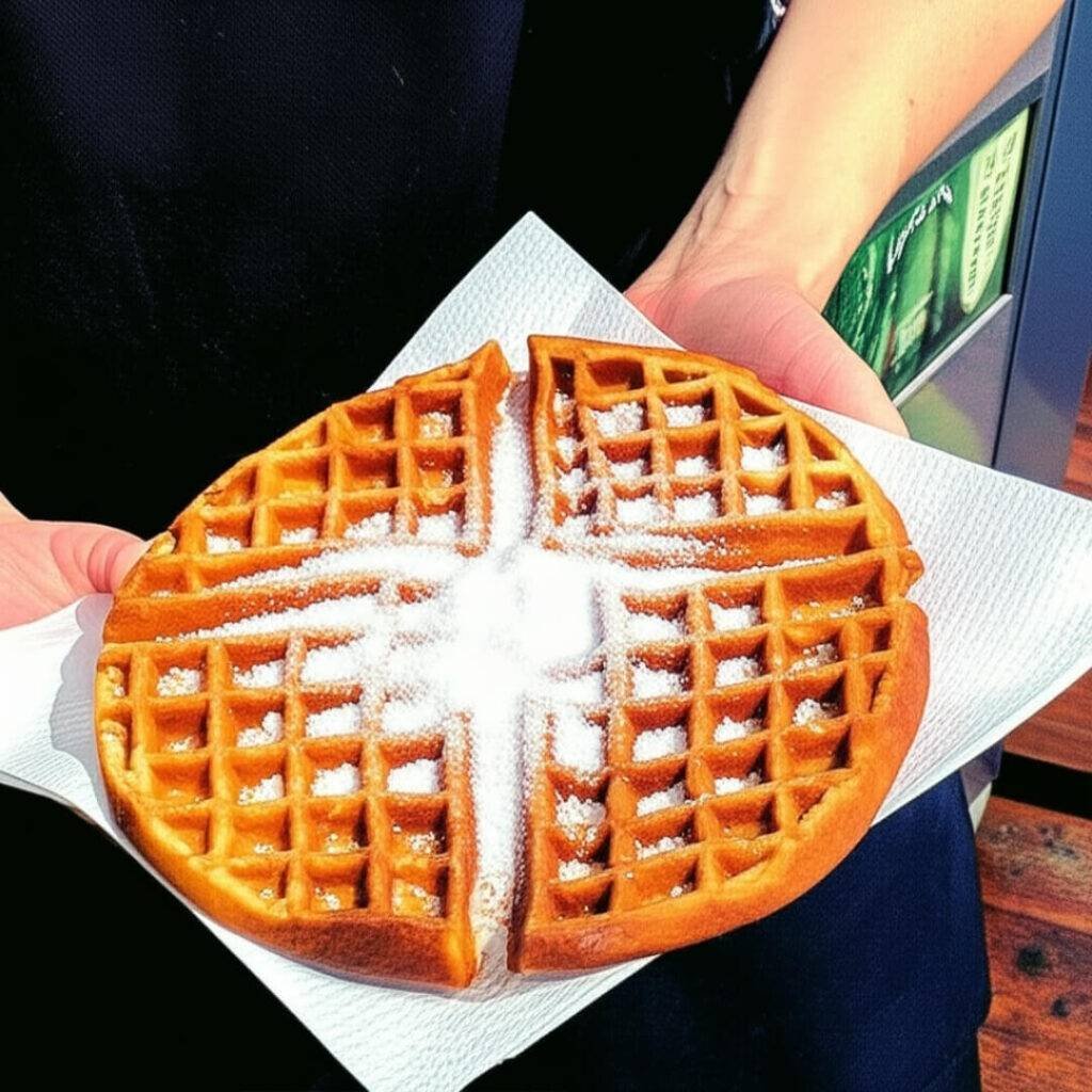 A vendor tosses sugar on a waffle.