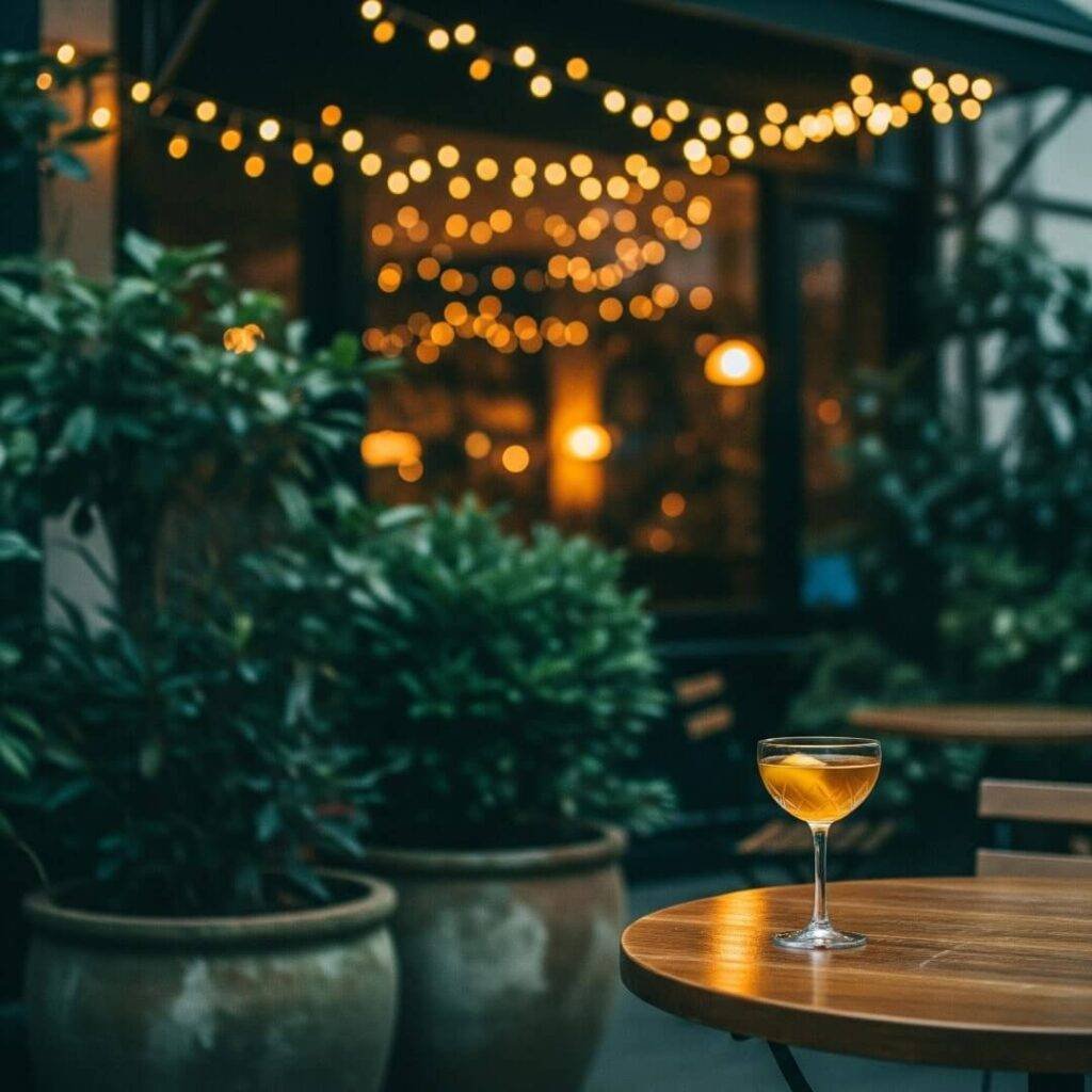 A bar patio at night with a single cocktail.