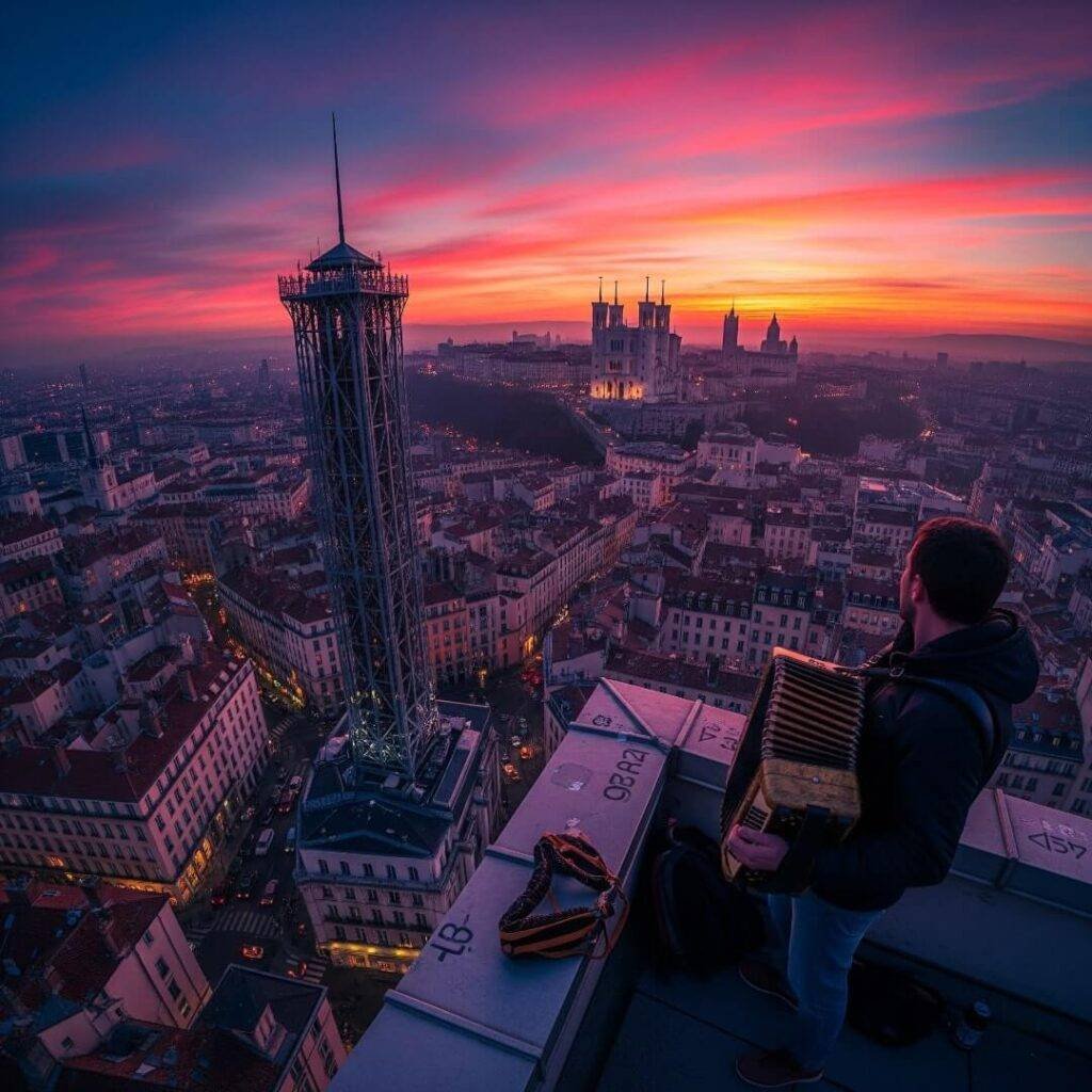 Rooftop accordion player with Lyon skyline at sunset.