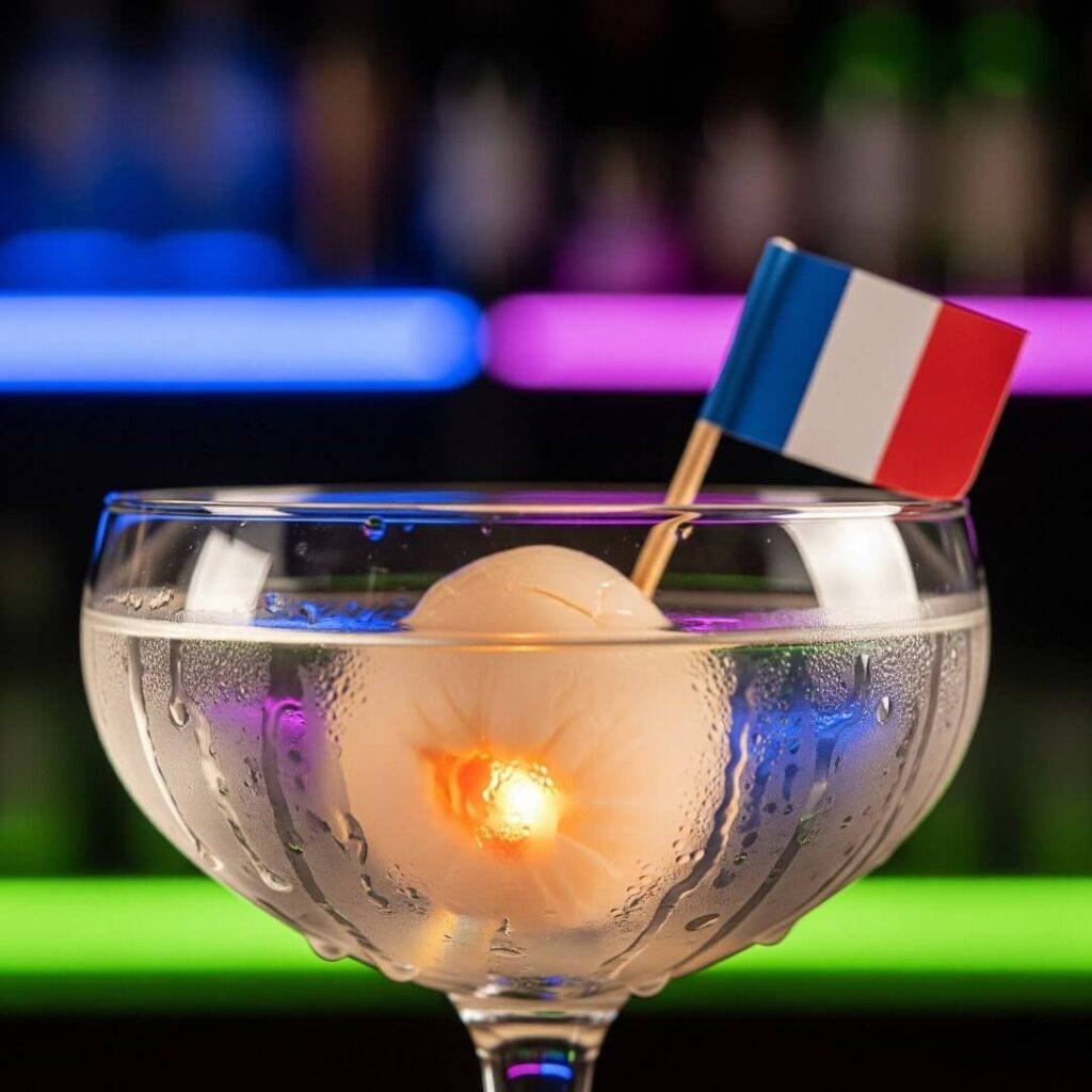 Cocktail glass with lychee and French flag.