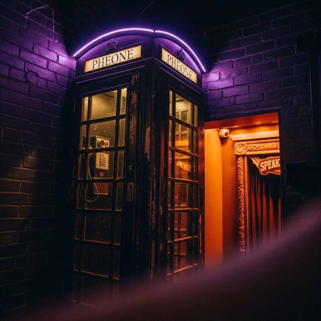 Vintage phone booth hiding a speakeasy entrance.