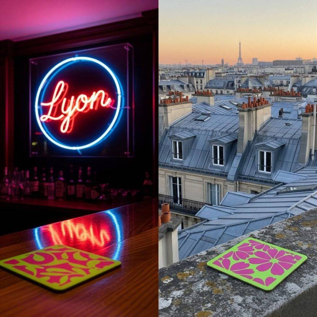 Split-screen: neon Lyon sign, Paris rooftop, mismatched coasters.