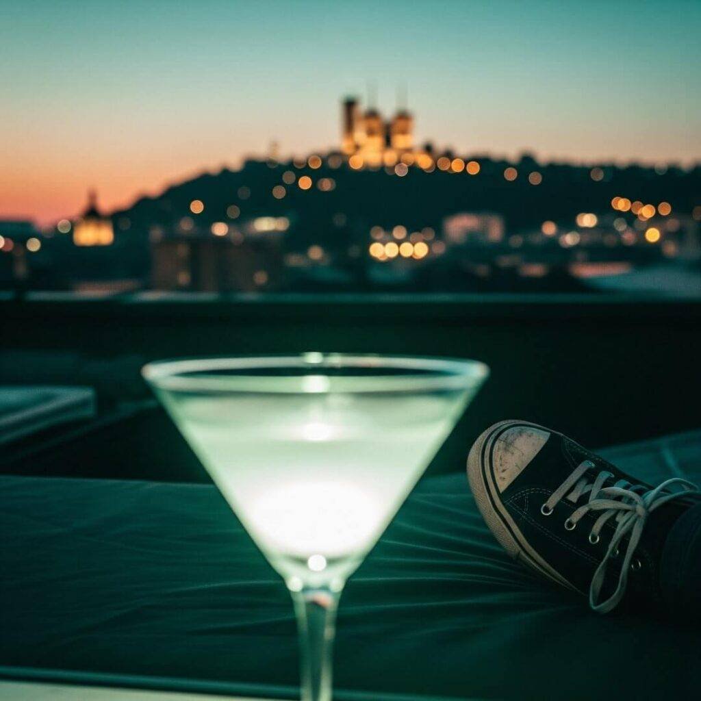 Martini glass and scuffed sneaker on rooftop.