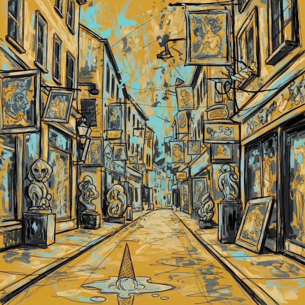 Dropped ice cream cone on art-lined street.