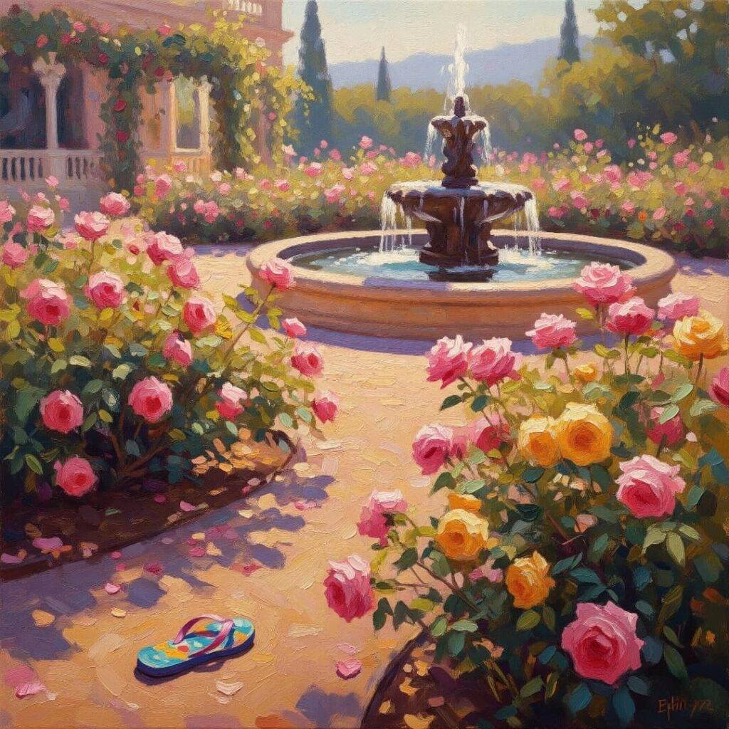 Rose garden with fountain and flip-flop.