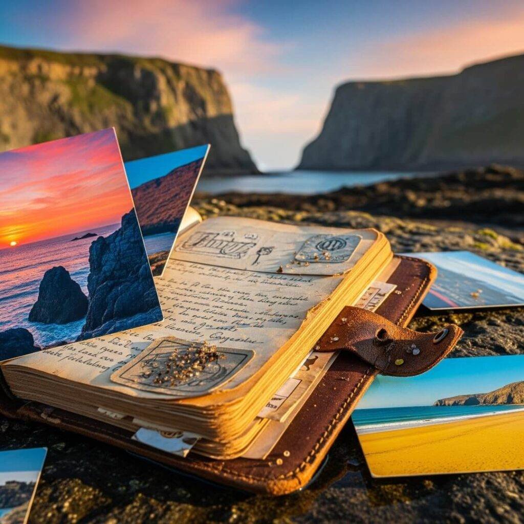 Travel journal and postcards on a rocky beach with cliffs.