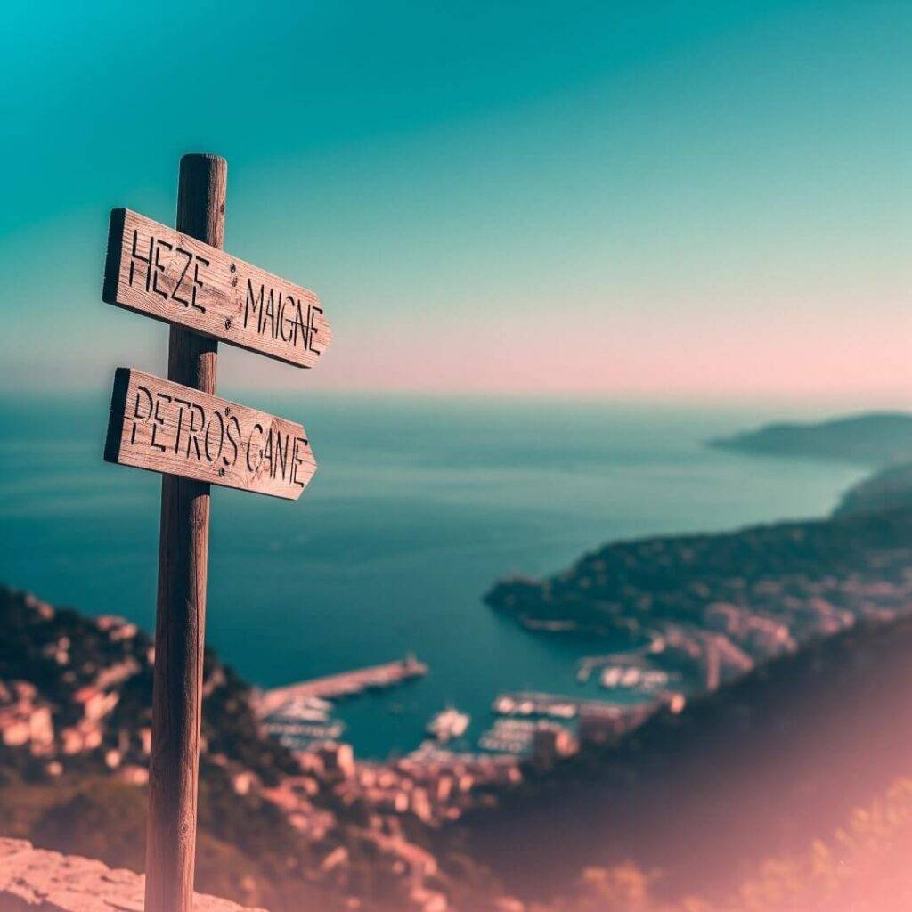 A signpost with two arrows overlooking the sea.