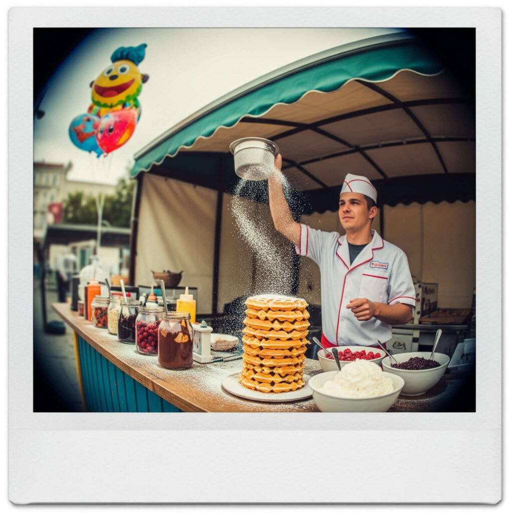 A vendor sprinkles sugar on a stack of waffles.