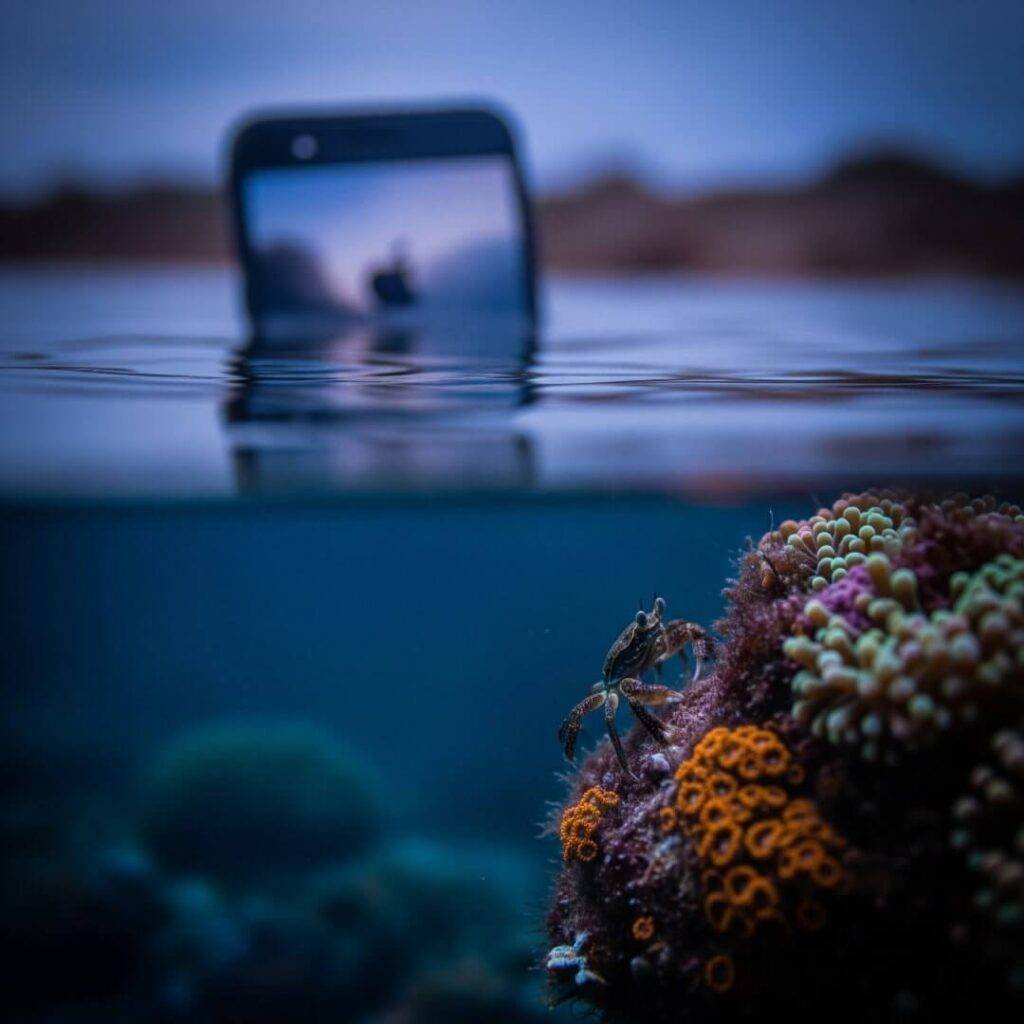 Underwater phone shot of a crab near coral.