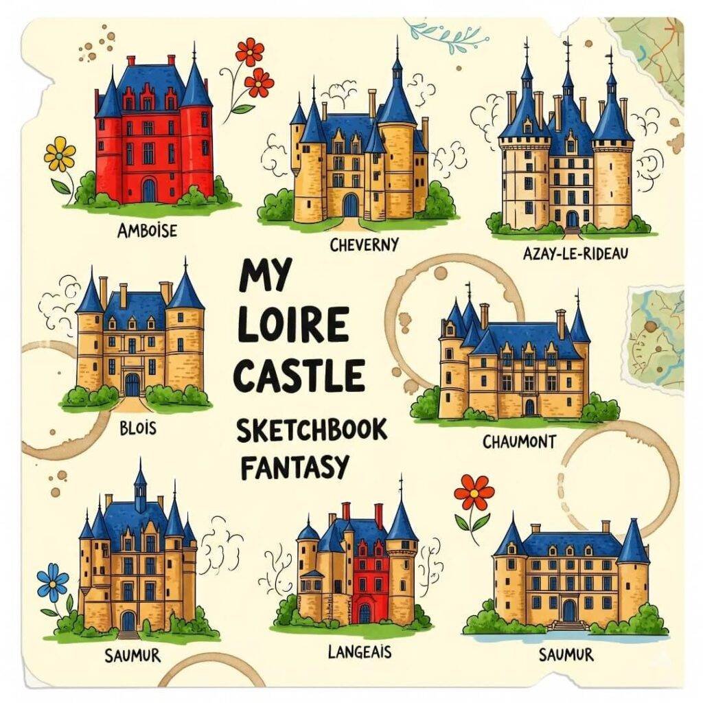 A vibrant, hand-drawn digital collage of Loire Castles.