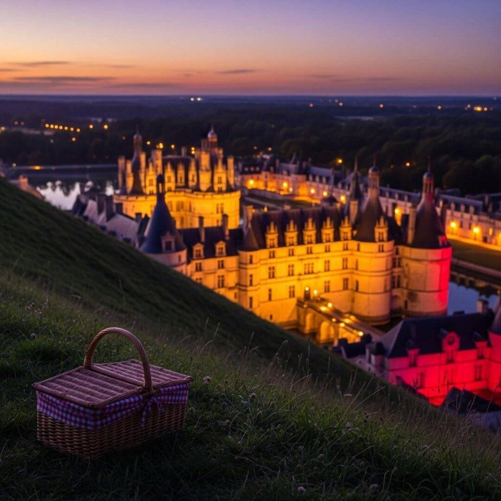 Château d’Amboise at dusk with picnic basket in foreground.