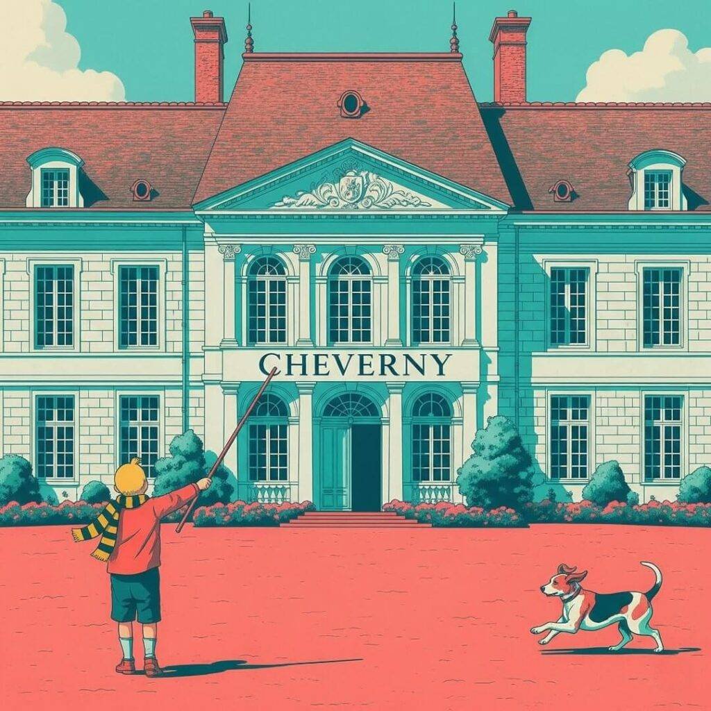 Cheverny facade, kid, Tintin scarf, hound.