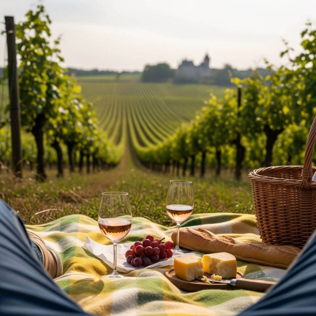 Vineyard picnic, wine glasses, cheese, baguette, grapes.