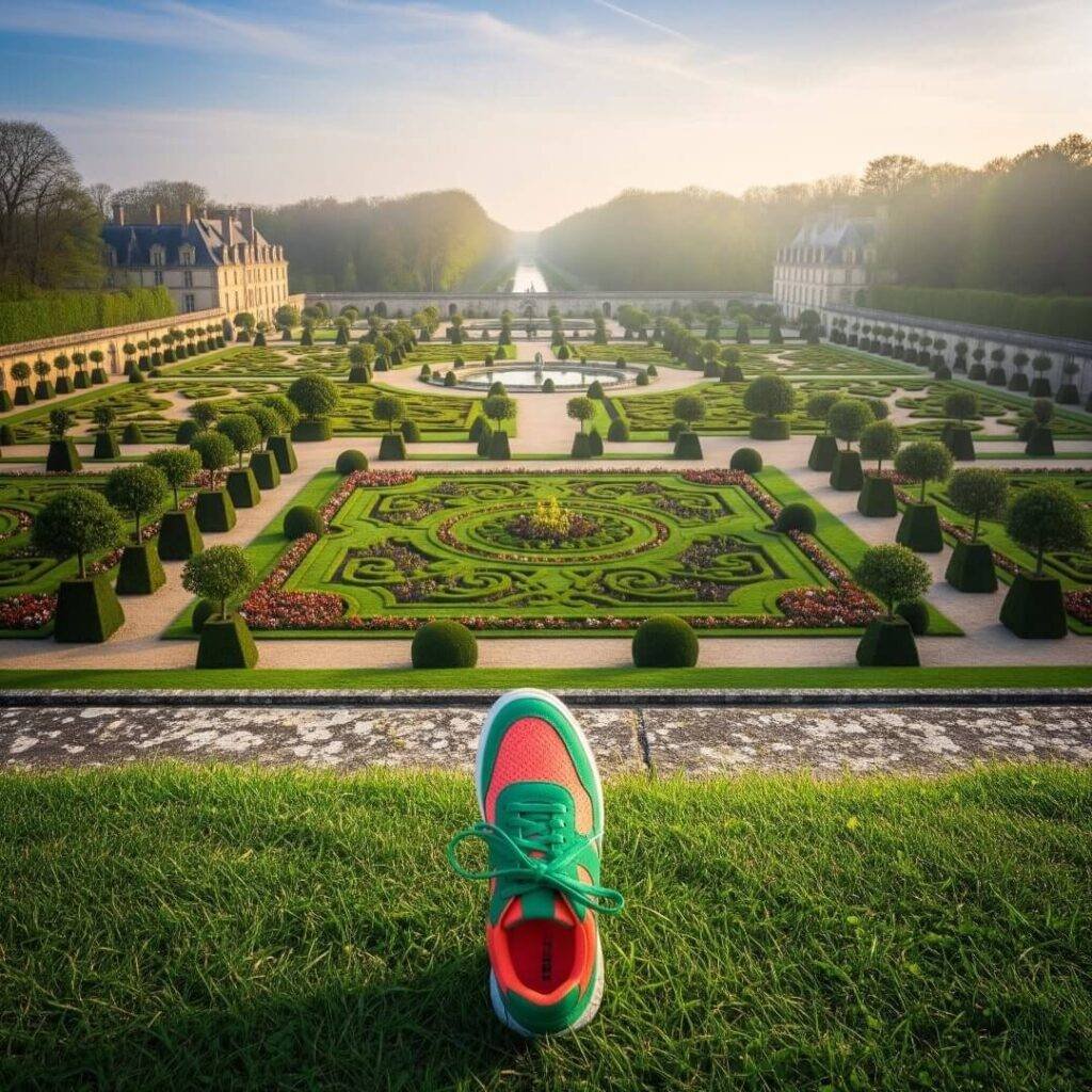 Villandry Gardens with a sneaker, emerald and coral colors.