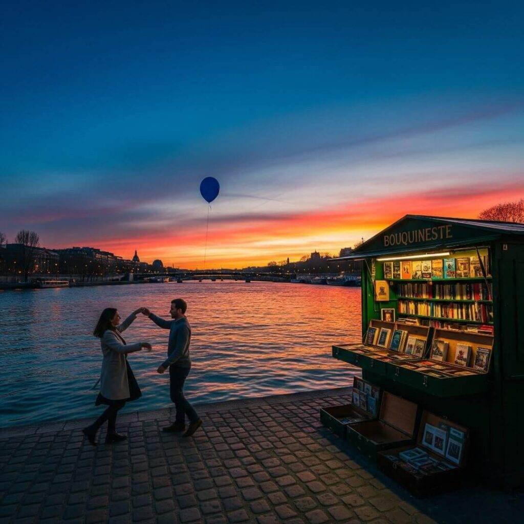 Couple dancing by the Seine at sunset.