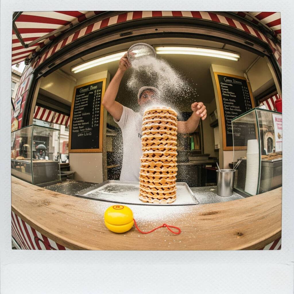 A vendor sprinkles powdered sugar on a waffle stack.