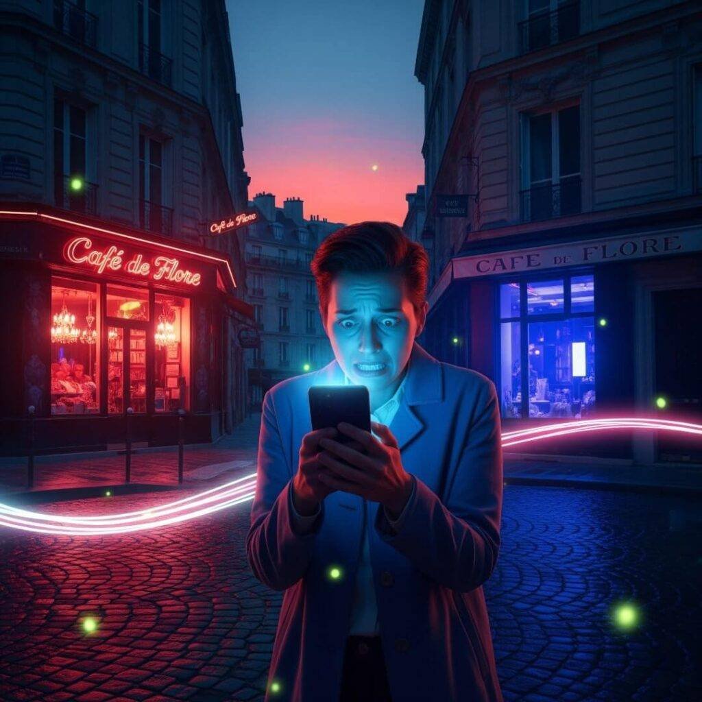 A photorealistic image of a person looking at a phone.