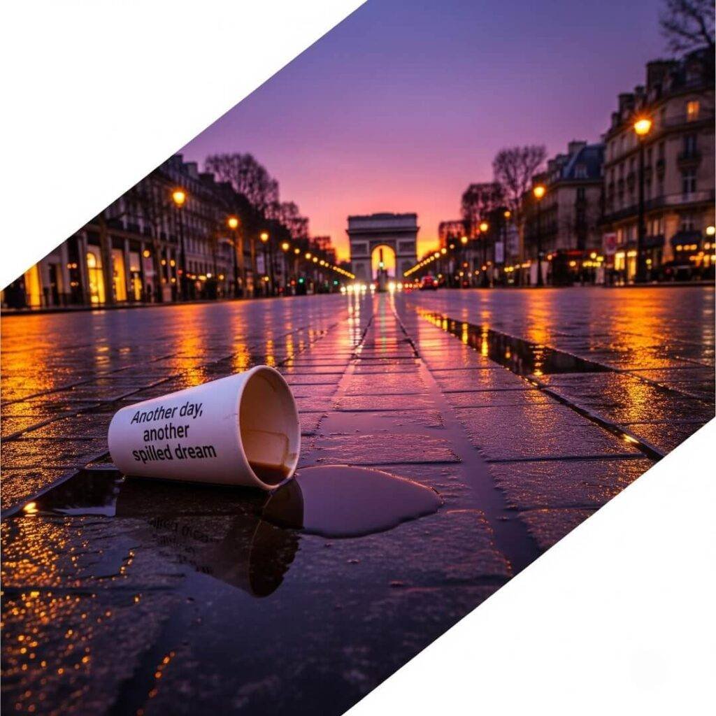 Spilled coffee cup on Champs-Élysées street at dusk.