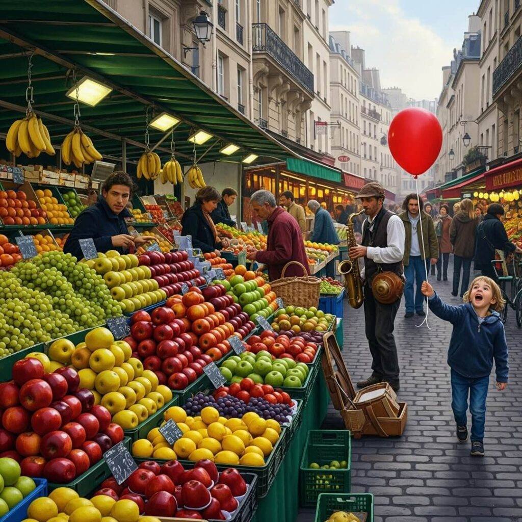 A bustling Paris market with fruit, music, and a child.